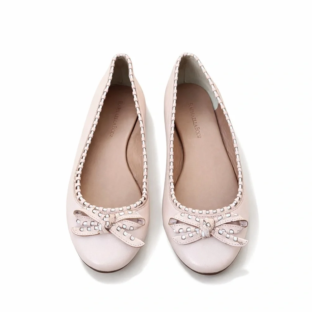 NWOT Raphaella Booz Blush Pink Leather Ballet Flats Bow Stud Trim BR 37/US 8 - Picture 1 of 10